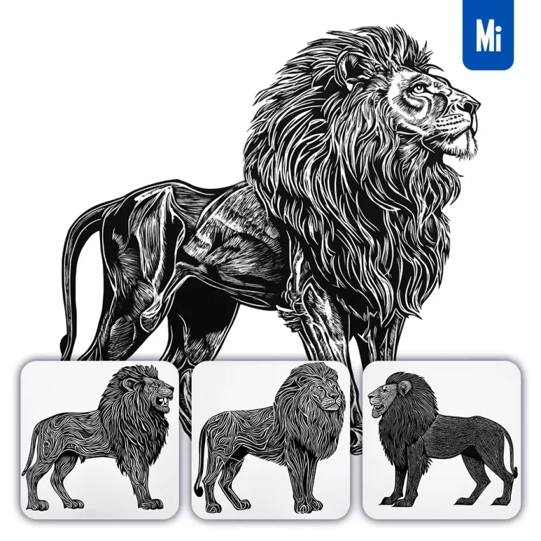 midjourney prompt lion animal woodcut print black and white illustration