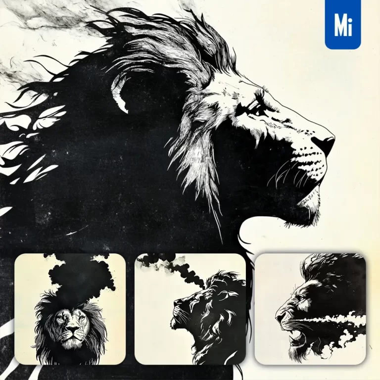 midjourney prompt lion head black and white woodcut print woodblock