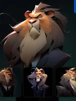 Midjourney Prompt Lion Man Boss Suit Quirky Brooding Character Design Animation Cartoon