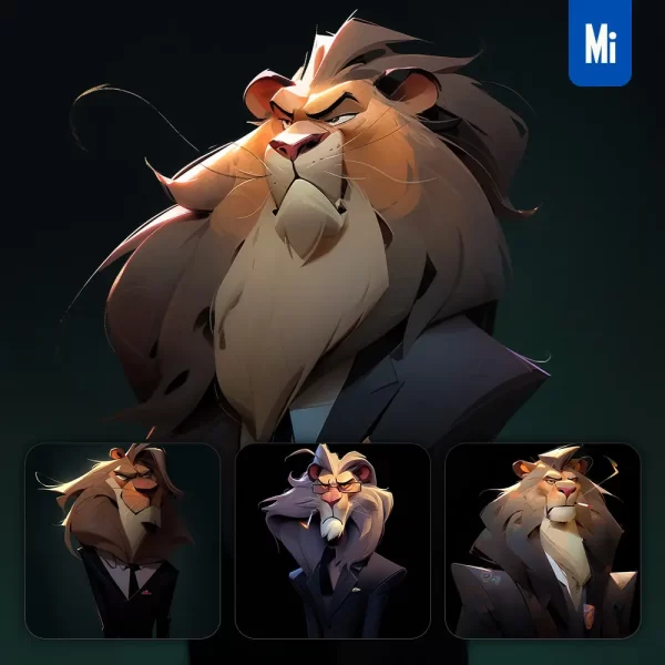 Midjourney Prompt Lion Man Boss Suit Quirky Brooding Character Design Animation Cartoon