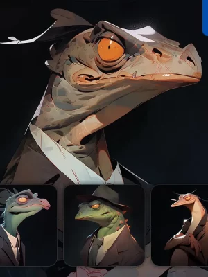 Midjourney Prompt Lizard Chameleon Man Boss Suit Quirky Brooding Character Design Animation Cartoon