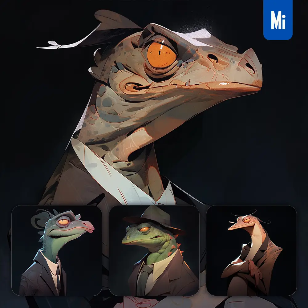 midjourney prompt lizard chameleon man boss suit quirky brooding character design animation cartoon
