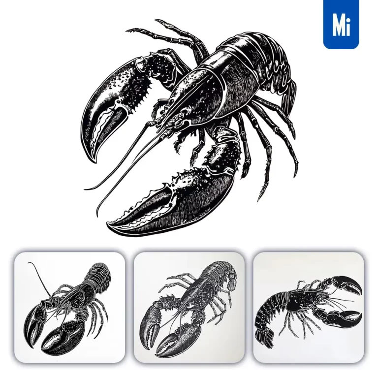 midjourney prompt lobster woodcut print black and white illustration