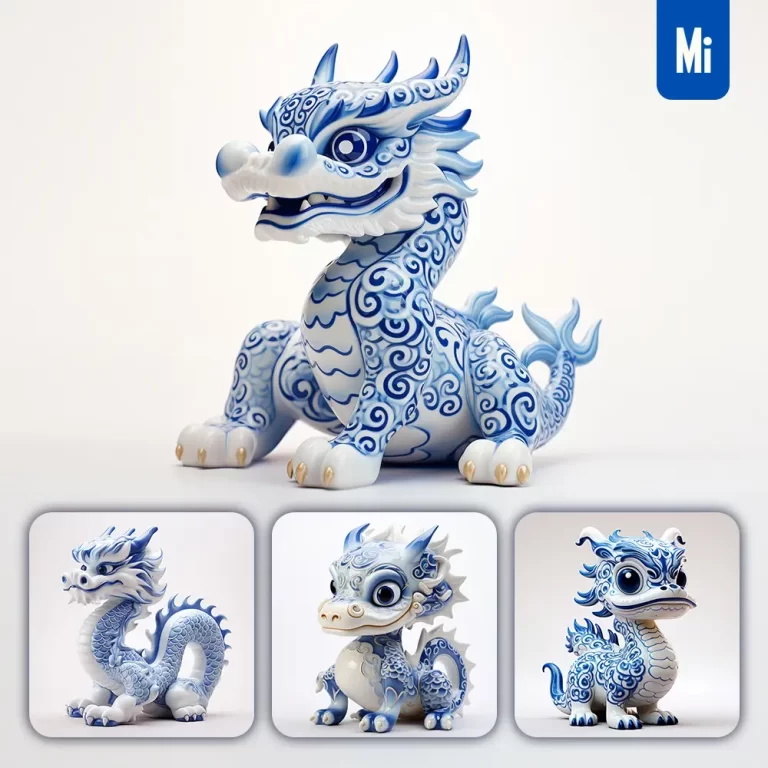 midjourney prompt loong Chinese dragon cute porcelain pattern art animal 3D artwork