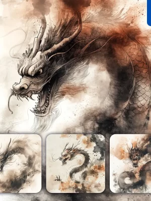 Midjourney Prompt Loong Chinese Dragon Illustration Art Ink Painting Watercolor Smoke Cloud