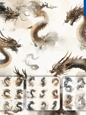 Midjourney Prompt Loong Chinese Dragon Illustration Art Ink Painting Watercolor Smoke Cloud Series