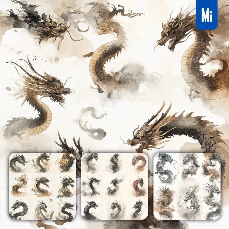 midjourney prompt loong Chinese dragon illustration art ink painting watercolor smoke cloud series