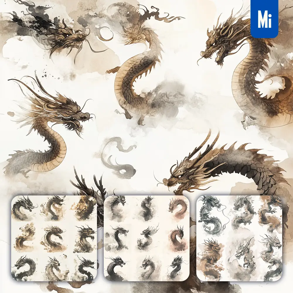 midjourney prompt loong Chinese dragon illustration art ink painting watercolor smoke cloud series