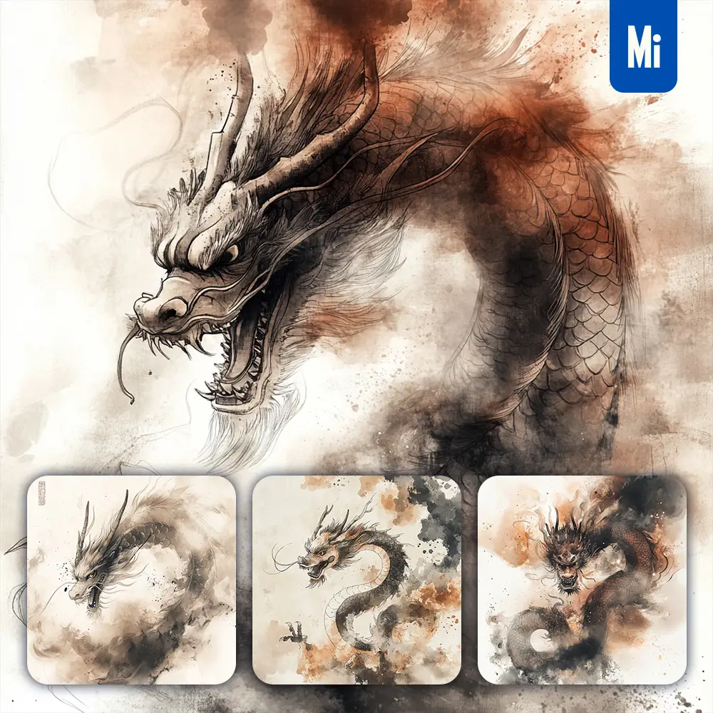 Midjourney Prompt Loong Chinese Dragon Illustration Art Ink Painting Watercolor Smoke Cloud