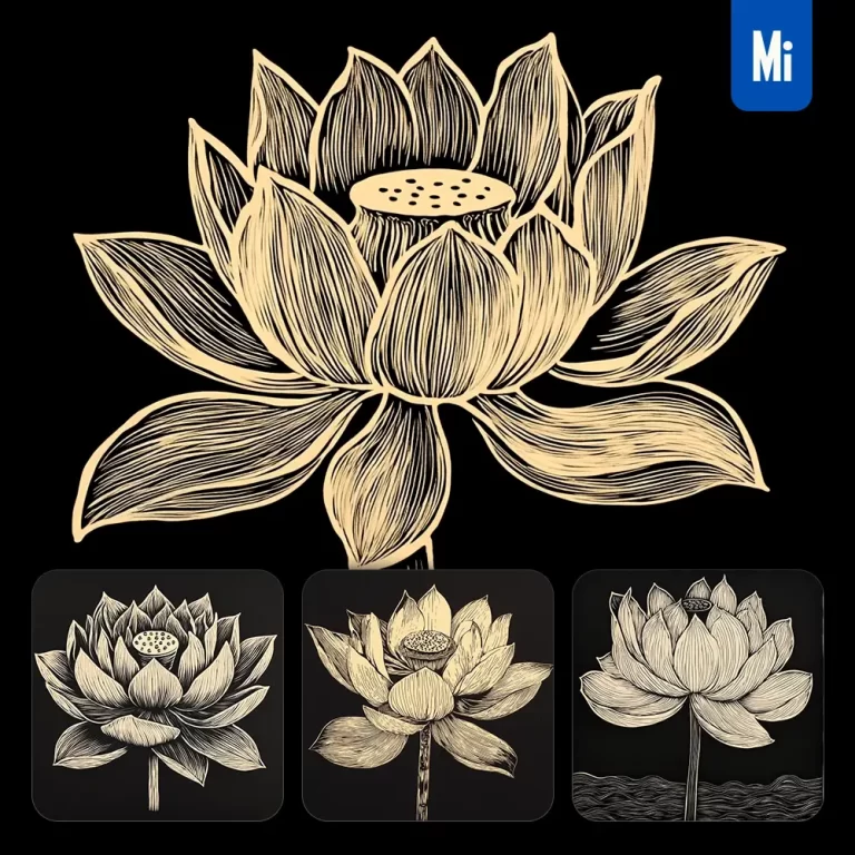 midjourney prompt lotus flower black and white woodcut print ink painting illustration