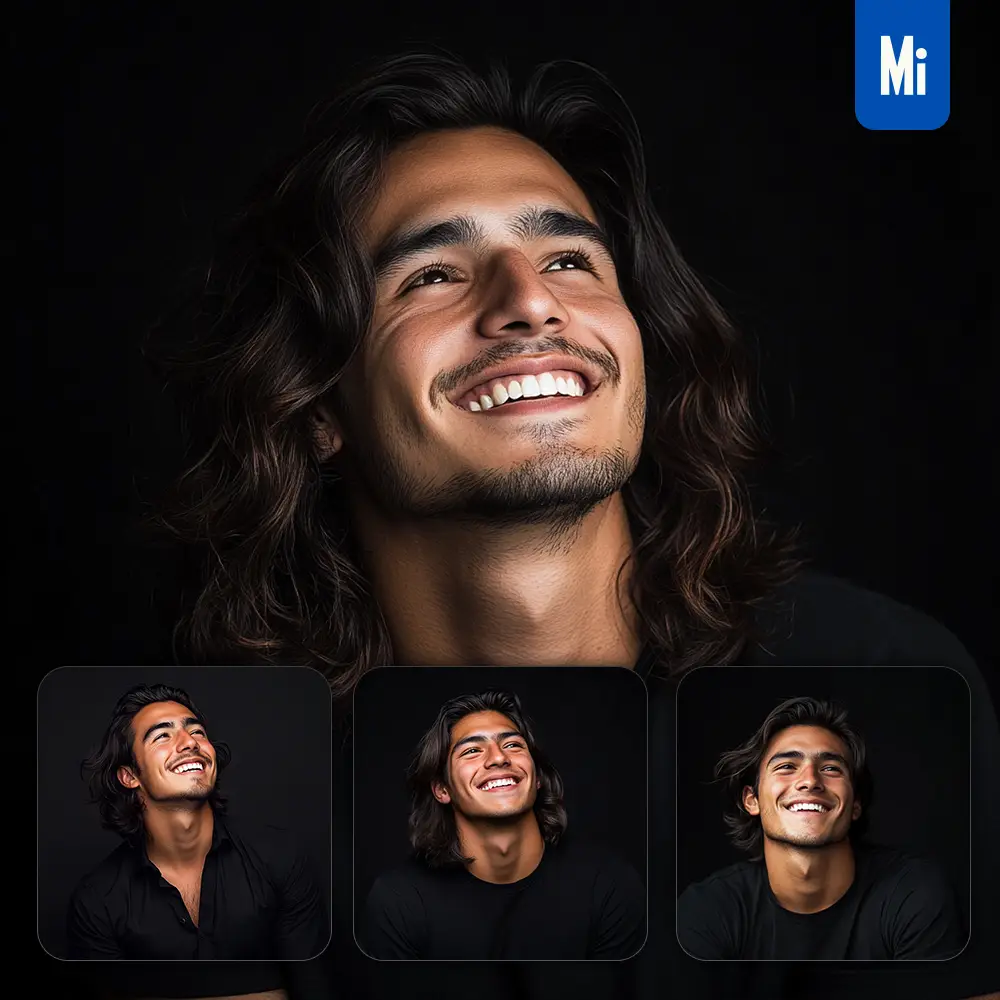 midjourney prompt male man hair young confident smiling smile looking black portrait photography