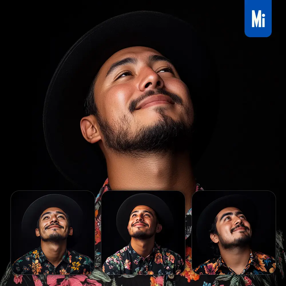 Midjourney Prompt Man Male Floral Shirt Hat Young Smiling Smile Looking Black Portrait Photography