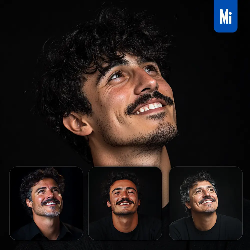 midjourney prompt man male mustache curly hair shirt smiling smile looking black portrait photography