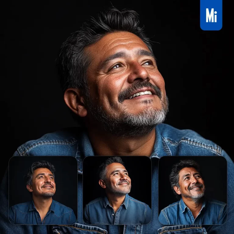 midjourney prompt man male wrinkly confident denim shirt smiling smile looking black portrait photography