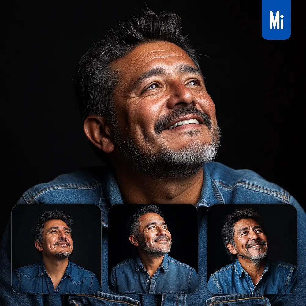 Midjourney Prompt Man Male Wrinkly Confident Denim Shirt Smiling Smile Looking Black Portrait Photography