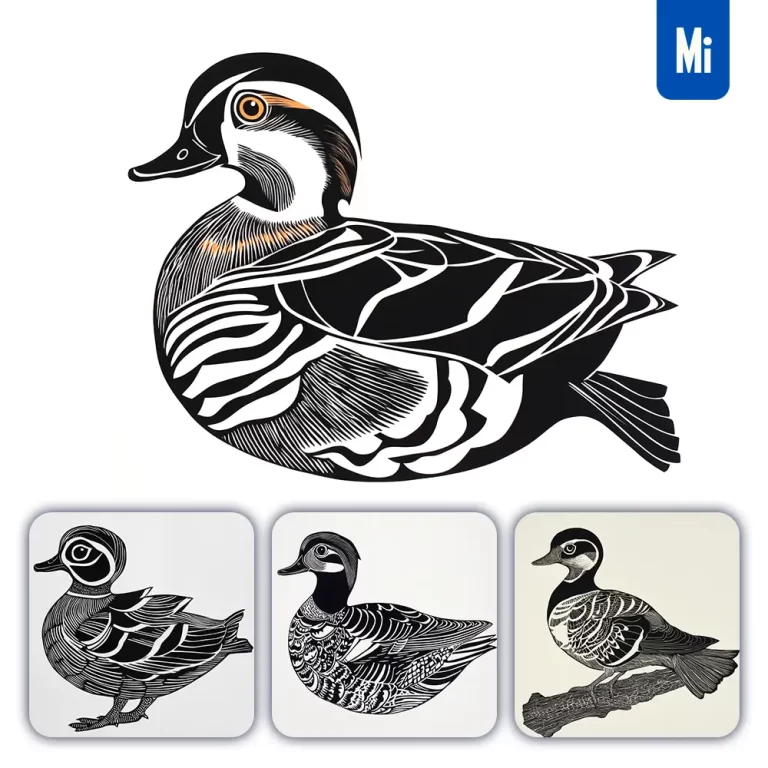 midjourney prompt mandarin duck woodcut print black and white illustration