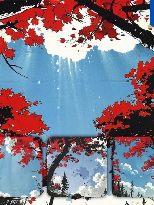 Midjourney Prompt Maple Tree Sky Red Autumn Cloud Woodcut Print Woodblock