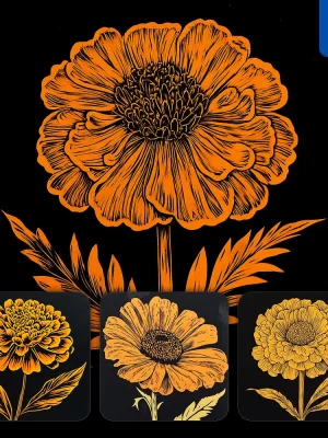 Midjourney Prompt Marigold Flower Black And White Woodcut Print Ink Painting Illustration