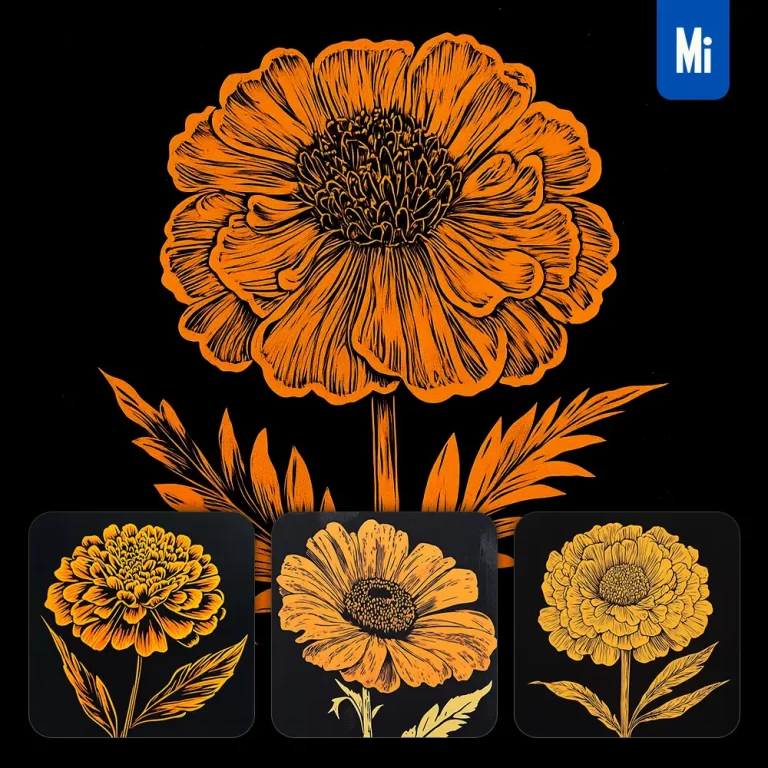 midjourney prompt marigold flower black and white woodcut print ink painting illustration