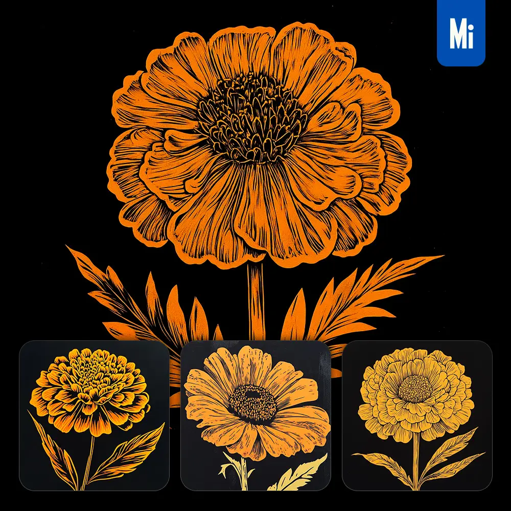 midjourney prompt marigold flower black and white woodcut print ink painting illustration