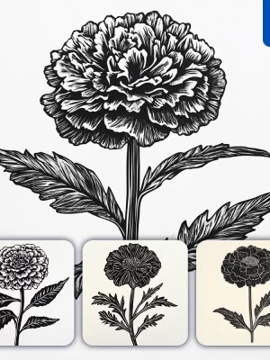 Midjourney Prompt Marigold Flower Woodcut Print Black And White Illustration