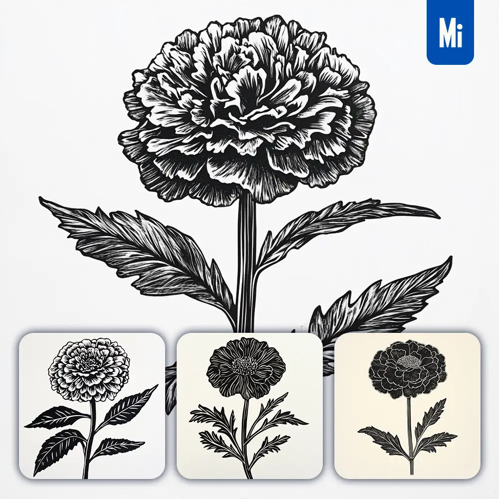 midjourney prompt marigold flower woodcut print black and white illustration