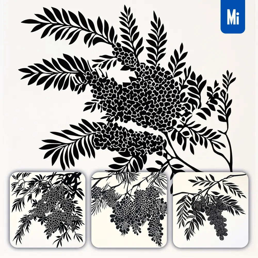 Midjourney Prompt Mimosa Flower Woodcut Print Black And White Illustration