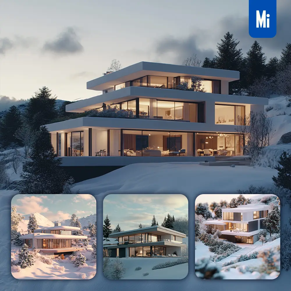 Midjourney Prompt Model House Home Villa Snow Hill Modern Photography