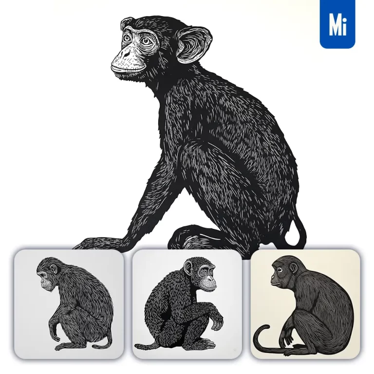 midjourney prompt monkey animal woodcut print black and white illustration