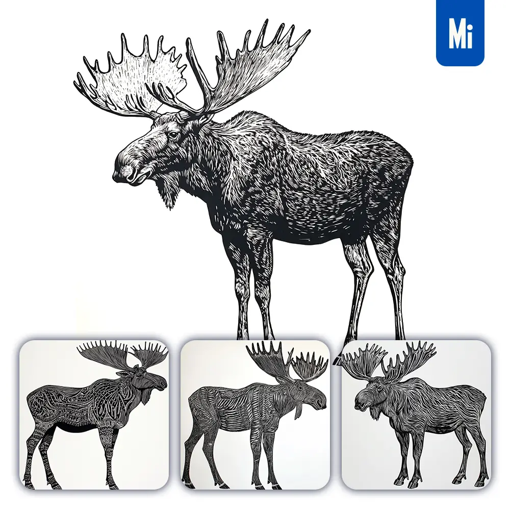 midjourney prompt moose animal woodcut print black and white illustration