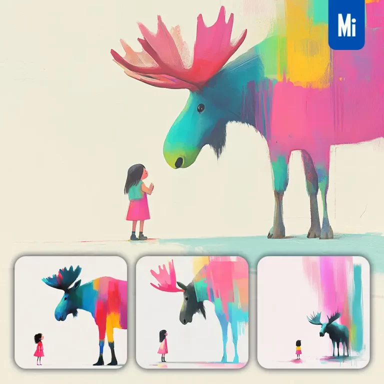 midjourney prompt moose girl kid children colorful ink painting cute illustration