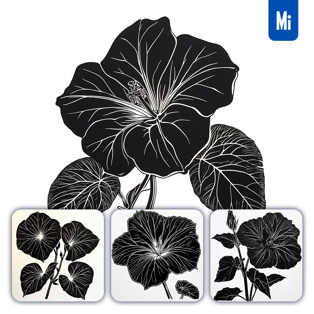 midjourney prompt morning glory flower woodcut print black and white illustration