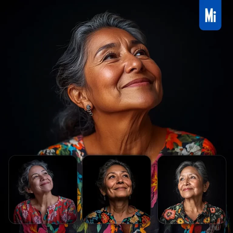 midjourney prompt old female aged woman floral shirt smiling smile looking black portrait photography
