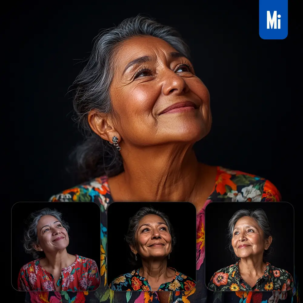 Midjourney Prompt Old Female Aged Woman Floral Shirt Smiling Smile Looking Black Portrait Photography