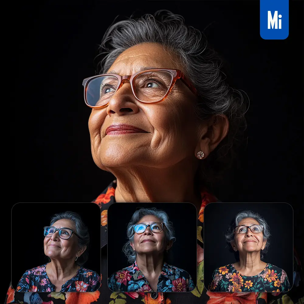 Midjourney Prompt Old Female Aged Woman Glasses Floral Shirt Smiling Smile Looking Black Portrait Photography