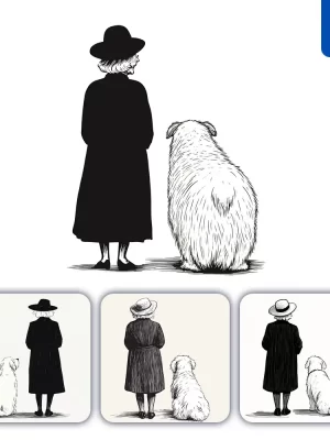 Midjourney Prompt Old Lady Woman Dog Back Black And White Drawing Lines Illustration