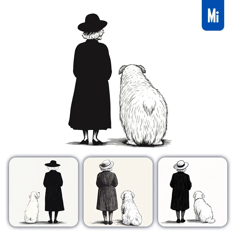 Midjourney Prompt Old Lady Woman Dog Back Black And White Drawing Lines Illustration
