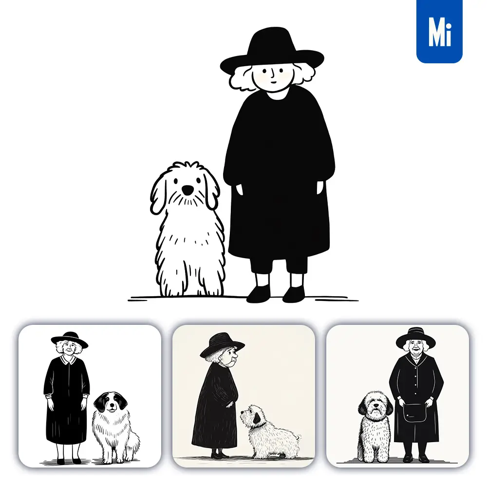 midjourney prompt old lady woman dog front black and white drawing lines illustration