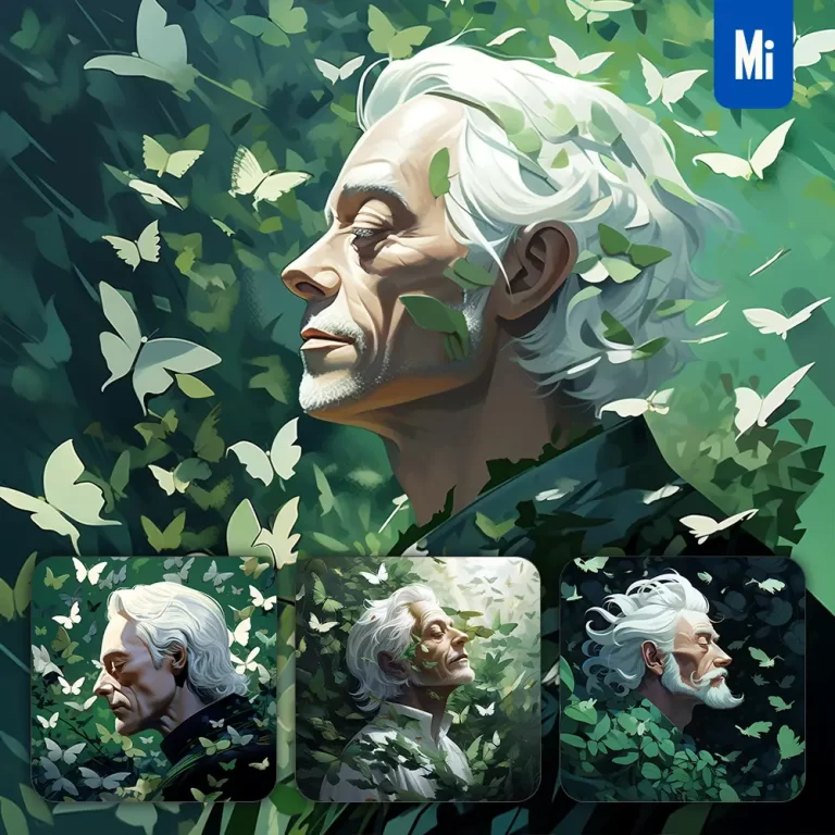 midjourney prompt old man side white green hair head butterfly leaves portrait painting illustration