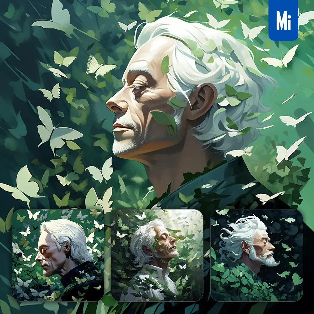 Midjourney Prompt Old Man Side White Green Hair Head Butterfly Leaves Portrait Painting Illustration