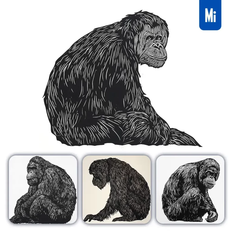 midjourney prompt orangutan animal woodcut print black and white illustration