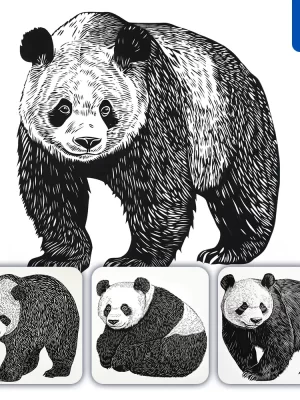 Midjourney Prompt Panda Animal Woodcut Print Black And White Illustration