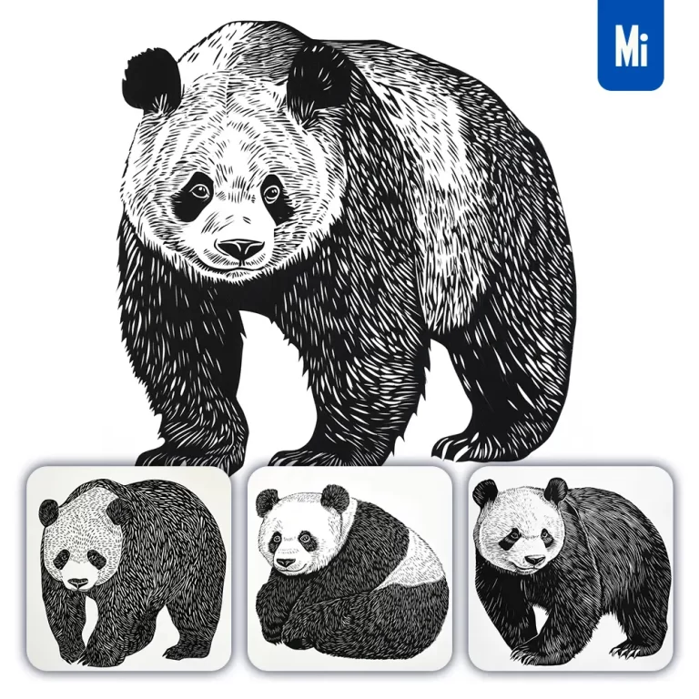 midjourney prompt panda animal woodcut print black and white illustration