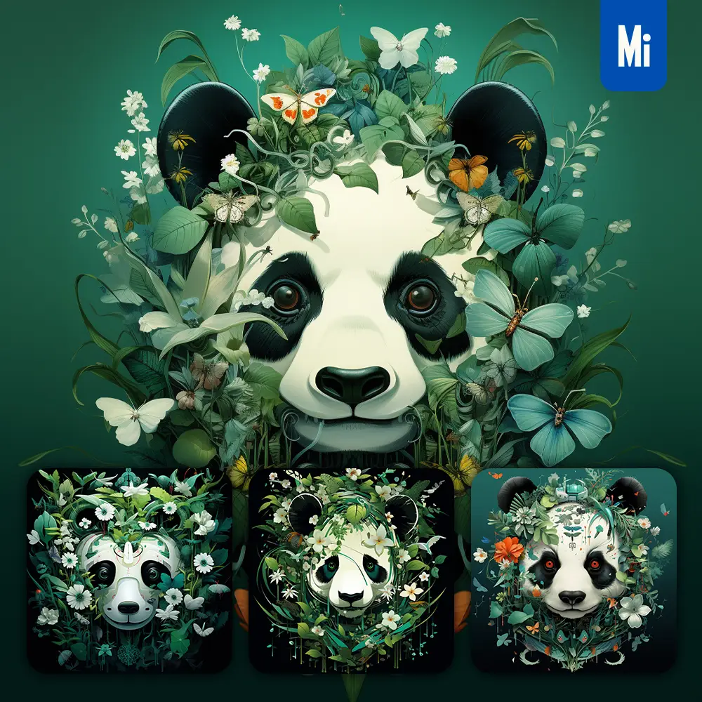 midjourney prompt panda head painting green flowers leaves illustration
