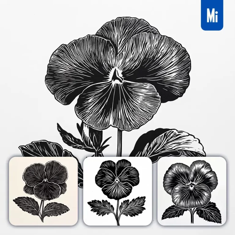 midjourney prompt pansy flower woodcut print black and white illustration