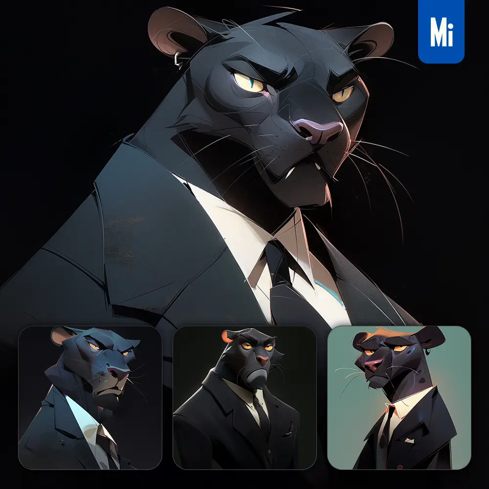 midjourney prompt panther boss man suit quirky brooding character design animation cartoon