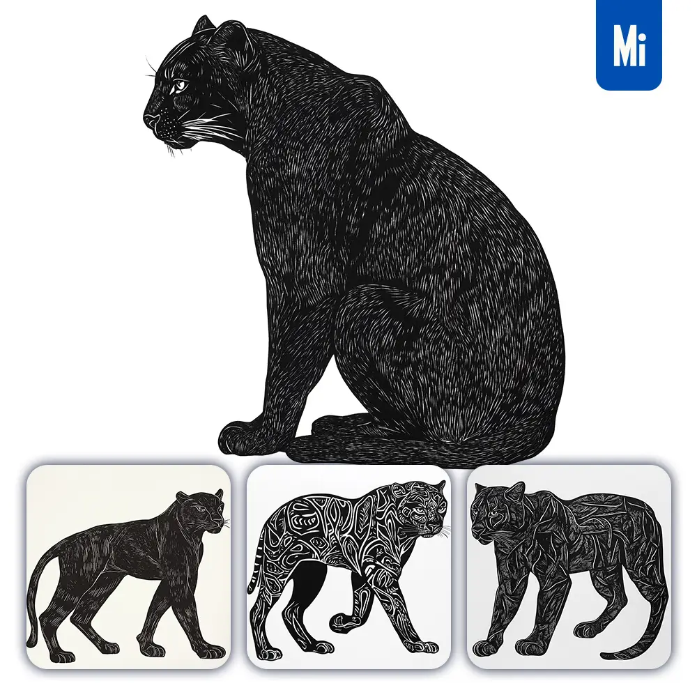 midjourney prompt panther woodcut print black and white illustration