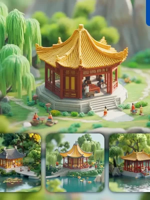 Midjourney Prompt Pavilion Traditional Chinese Architectural Willow Trees Lake Summer 3d Landscape Scene Animation