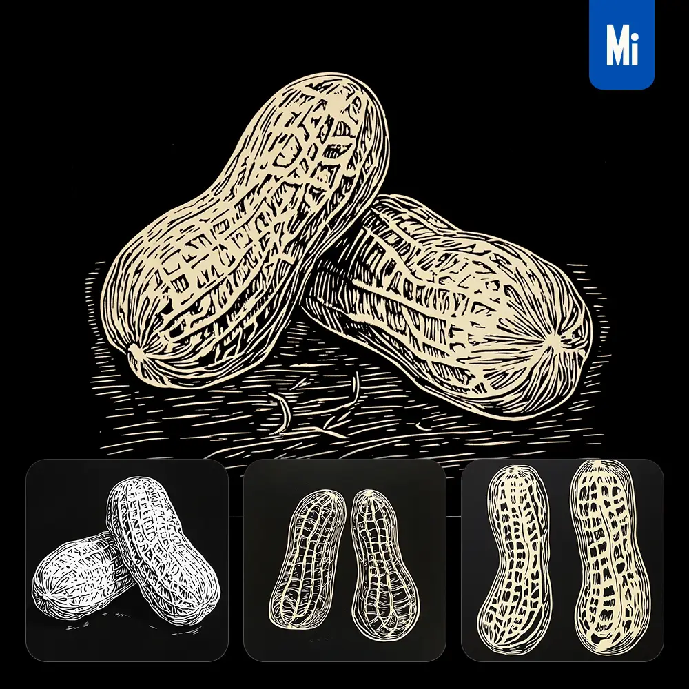 midjourney prompt peanut black and white woodcut print ink painting illustration