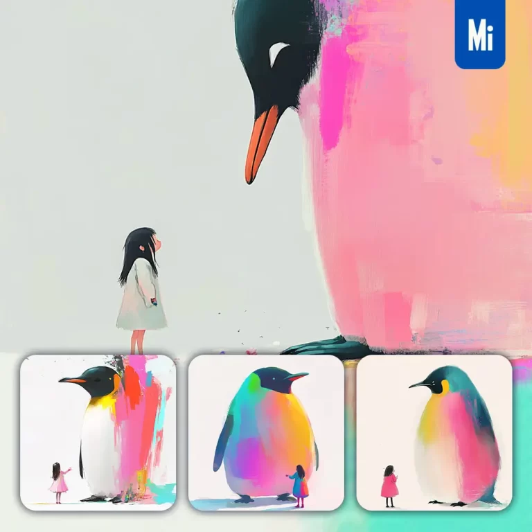 midjourney prompt penguin girl kid children colorful ink painting cute illustration